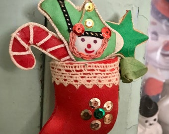 Vintage Snowman Candy Cane Red Stocking Ornament Old Collectible Christmas Kitsch Repurpose Craft Holiday Decor Display Prop Gift Container