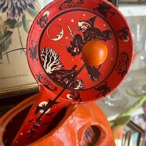 Vintage Halloween Noisemaker Witch Flying Broomstick Bats Skeleton Jack O Lanterns Crescent Man in Moon Black Cats Haunted House Decor Prop