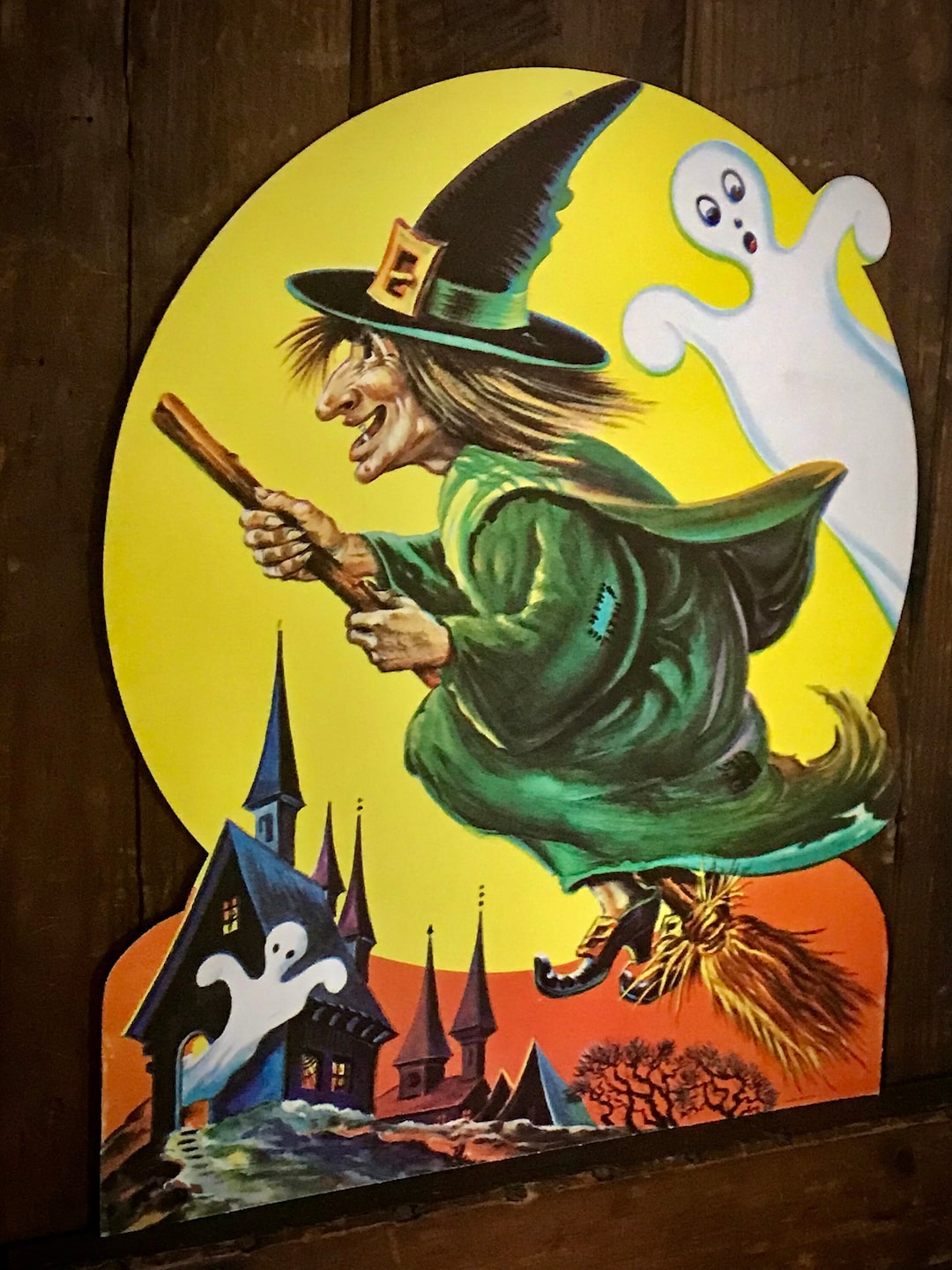 Vintage Halloween Die Cut Witch Flying on Broomstick Full Moon Ghost ...