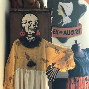 Antique Halloween Costume Old Collectible 1920s Era Primitive Dress Early Fabric Jack O Lanterns Witches Bats Black Cats Crescent Moons Prop