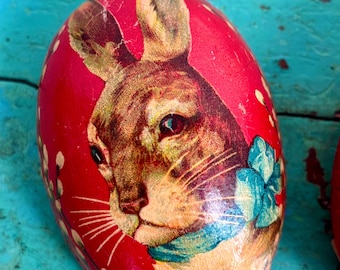 Antique Paper Mache Easter Egg Old Collectible March Hare Bunny Rabbit Basket Candy Container Dresden Trim Holiday Decor Display 1920s Prop