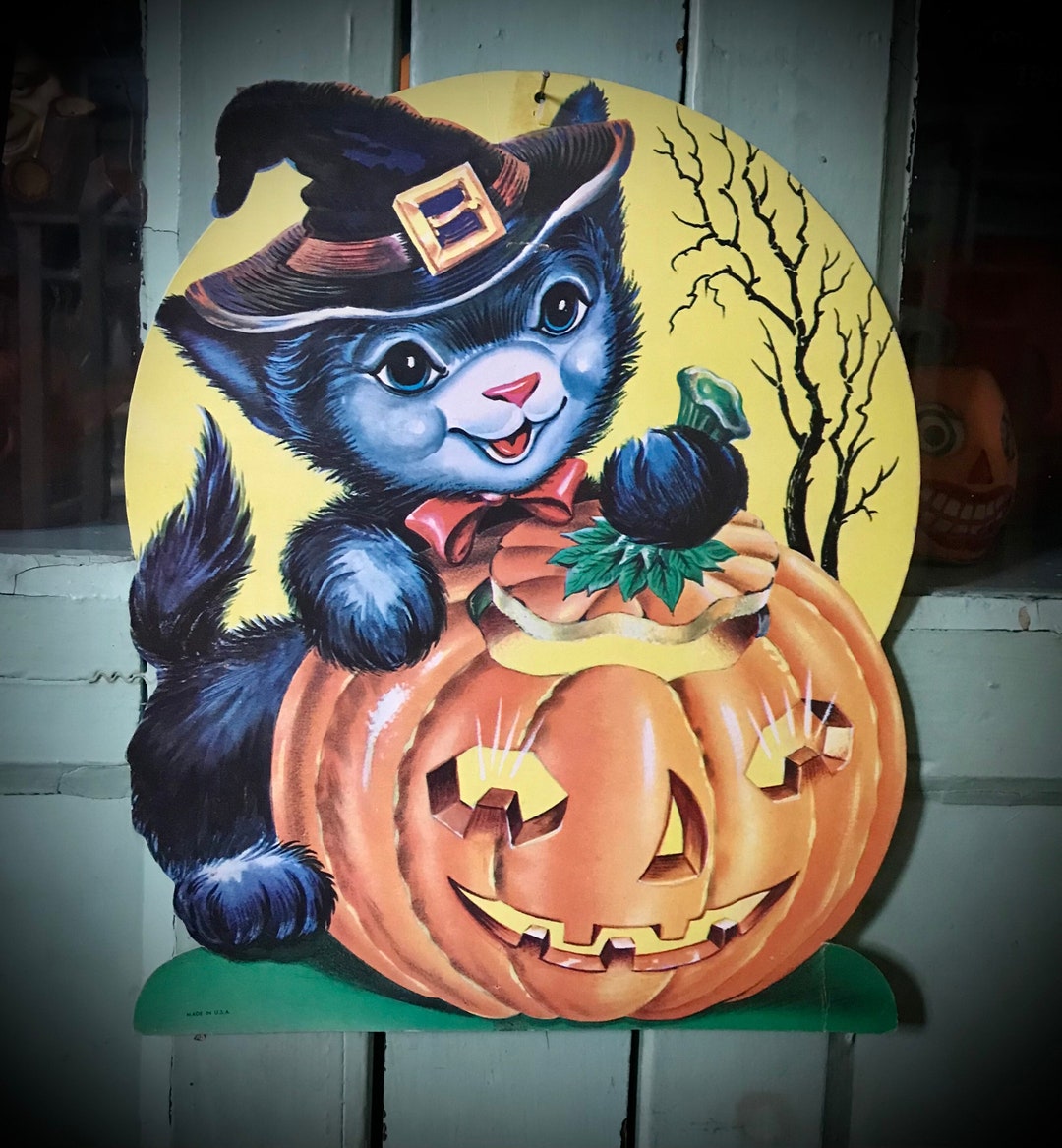 Vintage Halloween Die Cut Kitten Witch Jack O Lantern Pumpkin Head Full ...