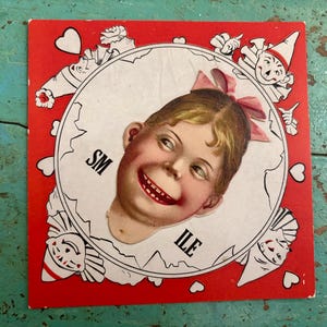 Antique Valentine Card Embossed Girl Head SMILE Old 1910&#39;s Unused Valentine&#39;s Day Card Collectible Weird Clowns Pierrot Holiday Decor Prop