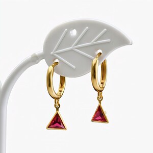 18K Gold Filled Tiny Tringle Queen Ruby Color Hoop Earrings, Dainty Small Hoops, Minimalist Love Charm Ear Jewelry, Daily Wear Gift For Her