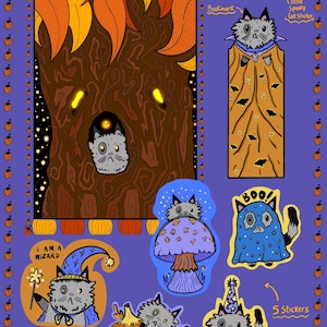 Può includere: Un set November Mail Club con un gatto grigio in vari costumi, tra cui un mago, un fantasma e una zucca. Il set include una stampa A5, un segnalibro, cinque adesivi e una lettera, decorati con foglie autunnali e zucche.