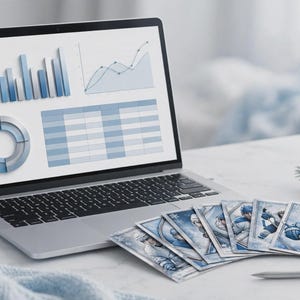 May include: A silver laptop displaying blue bar charts, a line graph, a pie chart, and a data table on its screen. Arranged in a fan shape in front of the laptop are several rectangular trading cards featuring illustrations of hockey players.