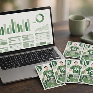 May include: A silver laptop displaying a green-toned data dashboard with bar charts and a pie chart, accompanied by four rectangular cards featuring a green and white illustration of a soccer player standing on a field with a soccer ball.