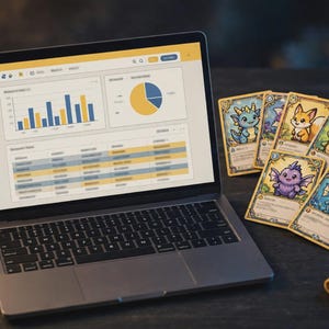 May include: A silver laptop displaying a dashboard with bar charts and a pie chart on its screen, positioned next to a collection of six colorful trading cards featuring illustrated cartoon creatures with ornate gold-toned borders.