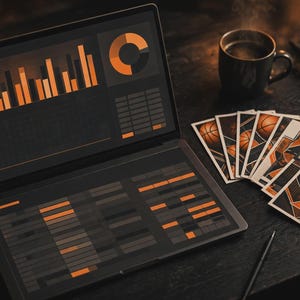 May include: A laptop displaying orange and dark gray data charts, bar graphs, and a pie chart on its screen. Beside the laptop are several rectangular cards featuring orange and black geometric patterns and basketball imagery, plus a black pen.