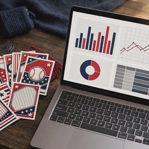 May include: A silver laptop displaying a dashboard with bar charts, line graphs, a pie chart, and a data table, positioned next to a fan of rectangular cards featuring red, white, and blue baseball-themed graphics with stars and stripes.