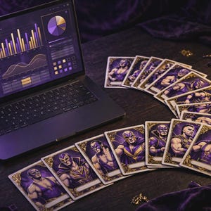 May include: A laptop displaying a purple and gold data dashboard screen next to a fanned-out deck of playing cards featuring illustrations of masked wrestlers in purple and gold outfits with ornate gold borders on a dark purple fabric surface.