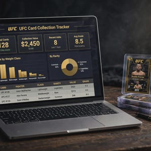 May include: A laptop displaying a UFC Card Collection Tracker dashboard with statistics, charts, and a table of fighter cards, alongside a stack of three encased UFC trading cards featuring Dustin Poirier on the top card, resting on a dark surface.