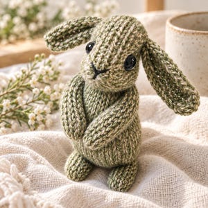 May include: A small, hand-knitted stuffed rabbit toy crafted from variegated sage green and cream yarn. The rabbit features long, floppy ears, two round black plastic safety eyes, and a simple embroidered black nose and mouth detail.