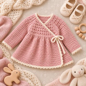 Puede incluir: Un vestido cruzado de ganchillo de manga larga en color rosa empolvado con un borde festoneado de color crema en los extremos y un cierre de lazo lateral. El corpiño tiene un patrón de puntos texturizado y la falda un punto sencillo.