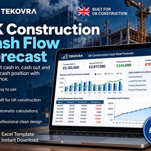 Może przedstawiać: Laptop wyświetlający szablon Excel Tekovra UK Construction Cash Flow Forecast. Ekran pokazuje dane finansowe, w tym wykres słupkowy miesięcznych przepływów pieniężnych, wykres liniowy skumulowanej pozycji gotówkowej oraz szczegółową tabelę.