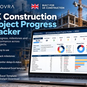 Puede incluir: Un portátil que muestra la plantilla de Excel Tekovra UK Construction Project Progress Tracker. La pantalla presenta métricas de proyecto, estado de paquetes y hitos con gráficos y tablas. El texto incluye 'UK Construction Project Progress Tracker'.