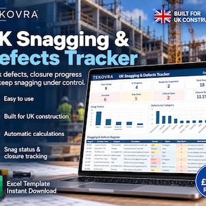 Op de afbeelding: Een laptop met het Tekovra UK Snagging & Defects Tracker dashboard, voorzien van gegevenstabellen, staafdiagrammen en statusstatistieken voor bouwprojecten. Het scherm toont categorieën zoals openstaande gebreken en defectregisters.