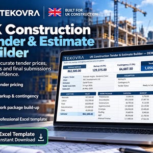 Może przedstawiać: Laptop wyświetlający interfejs oprogramowania Tekovra UK Construction Tender & Estimate Builder, zawierający szczegółowe tabele finansowe dotyczące kosztów projektu, marż i rezerw, z nakładkami tekstowymi dotyczącymi wyceny przetargowej i szablonów Excel.