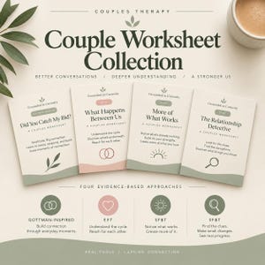 May include: A collection of four beige couple worksheets titled Couple Worksheet Collection. Each card features text and icons including Did You Catch My Bid, What Happens Between Us, More of What Works, and The Relationship Detective.