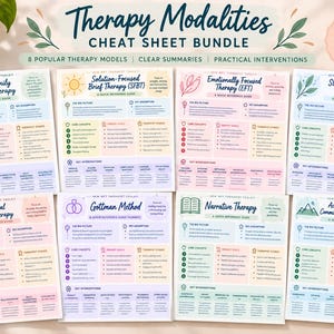 Puede incluir: Un paquete digital de ocho hojas de referencia sobre modalidades terapéuticas que incluye Bowen Family Systems, Solution-Focused Brief Therapy, Emotionally Focused Therapy, Strategic Family Therapy, Structural Family Therapy, Gottman Method, Narrative Therapy y ACT.