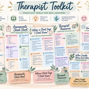Op de afbeelding: Een therapeut-toolkit met meerdere informatiebladen op pastelkleurige achtergronden met botanische accenten. De titels zijn onder andere Which Intervention Should I Use, Assessments Cheat Sheet, When a Client Says I Don't Know, Therapist Thesaurus, Conversation & Questioning Techniques en When Couples Blame Each Other.