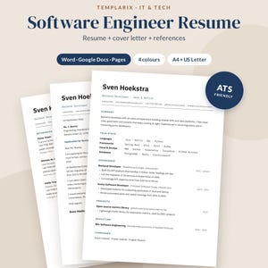 May include: A digital software engineer resume template set including a cover letter and references. The document features sections for summary, tech stack, experience, projects, education, and languages. It is compatible with Word, Google Docs, and Pages in A4 and US Letter sizes.