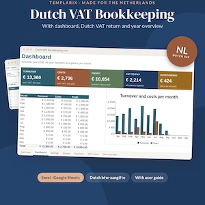 Pode incluir: Um modelo de contabilidade digital para IVA holandês com um painel de dados financeiros, um gráfico de barras de faturação e custos mensais e separadores de definições. Texto incluído: Templarix, Dutch VAT Bookkeeping.