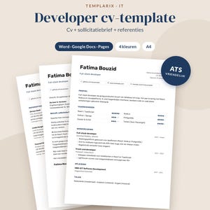 May include: A digital developer CV template set featuring the text Templarix IT Developer cv-template, Cv + sollicitatiebrief + referenties, Word Google Docs Pages, 4 kleuren, A4, Fatima Bouzid, Full-stack developer, and ATS VRIENDELIJK.