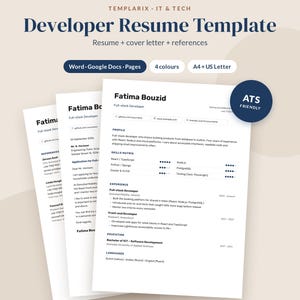 May include: A digital developer resume template set including a resume, cover letter, and references page. The document features the text Templarix IT & Tech, Developer Resume Template, and ATS Friendly. It is compatible with Word, Google Docs, and Pages.