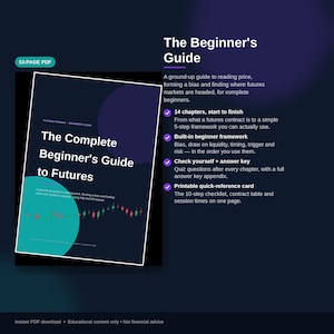 Może przedstawiać: 53-stronicowy plik PDF zatytułowany The Complete Beginner's Guide to Futures. Okładka ma ciemne tło z turkusowym kołem, białym tekstem i czerwono-zielonym wykresem świecowym. Przewodnik zawiera 14 rozdziałów oraz kartę szybkiego odniesienia.