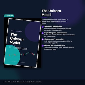 Può includere: Una guida PDF di 64 pagine intitolata The Unicorn Model, con una copertina blu scuro, un cerchio verde acqua e un grafico a candele. Il testo descrive una guida passo dopo passo per l'ingresso ICT breaker e fair value gap su indici futures.