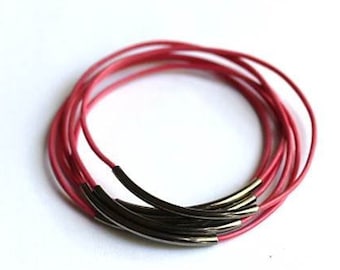 Pink Leather Bangle Bracelet, Leather Bracelets for Women, Leather Jewelry, gunmetal Bangle, Bangle Set, Bohemian Jewelry, Boho Jewelry