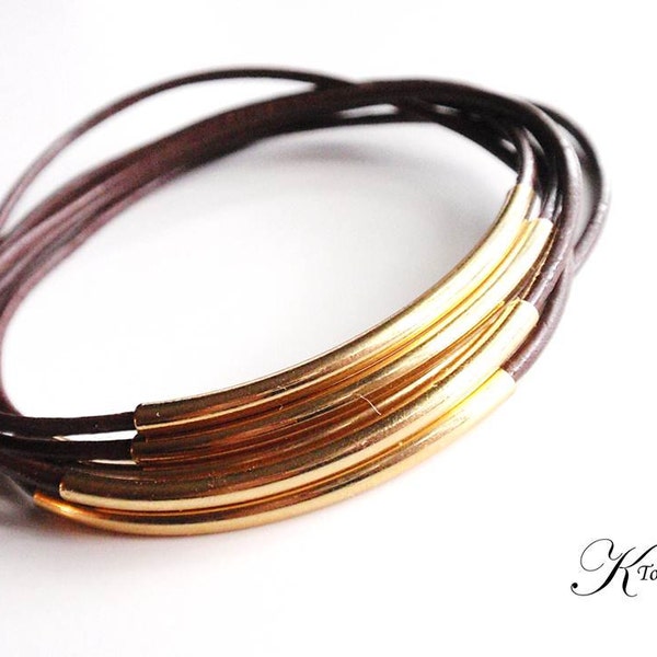 Brown Leather Bangle Bracelet, Leather Bracelets for Women, Leather Jewelry, Silver Bangle, Bangle Set, Bohemian Jewelry, Boho Jewelry, Gold