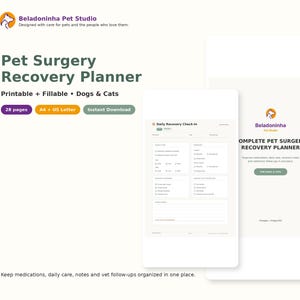 Pode incluir: Um planejador digital de recuperação pós-cirúrgica para animais de estimação com 28 páginas imprimíveis e preenchíveis para cães e gatos. Inclui uma folha de verificação diária de recuperação e uma capa com o logo Beladoninha.
