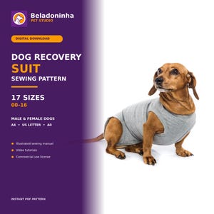 Op de afbeelding: Een digitaal naaipatroon voor een herstelpak voor honden, beschikbaar in 17 maten van 00-16 voor reuen en teven. Het patroon bevat een geïllustreerde handleiding, videotutorials en een licentie voor commercieel gebruik in A4, US Letter en A0.