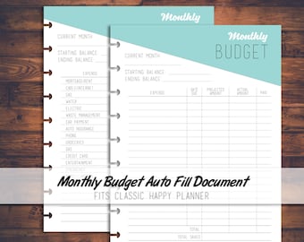 Printable Monthly Budget/Expenses Tracker Auto Fill File Digital Download, Expense planner, Budget Planner, fits Classic Happy Planner