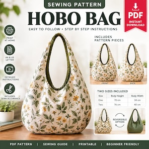 Peut inclure: Un patron de couture numérique pour un sac hobo avec un imprimé floral de fleurs jaunes et blanches sur fond crème. Le patron inclut des instructions étape par étape, deux tailles et une option réversible avec un intérieur vert olive uni.