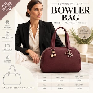 May include: A PDF sewing pattern for a bowler bag featuring text that reads SEWING PATTERN BOWLER BAG. The bag is dark red with two top handles and gold charms shaped like cherries and a bow. A table shows fabric requirements in meters and yards.