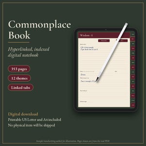 Può includere: Un taccuino digitale visualizzato su un tablet con uno stilo. Lo schermo mostra una pagina intitolata Wisdom - 1 con sezioni a righe per citazioni, fonti e riflessioni. L'interfaccia include schede collegate e uno sfondo verde scuro.