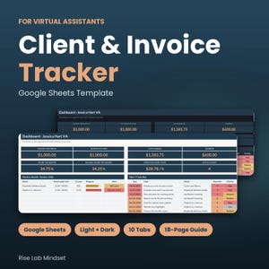 May include: A digital Client & Invoice Tracker Google Sheets template for virtual assistants. The interface displays financial dashboards with income, outstanding, and overdue totals, plus task lists with priority levels and client data.