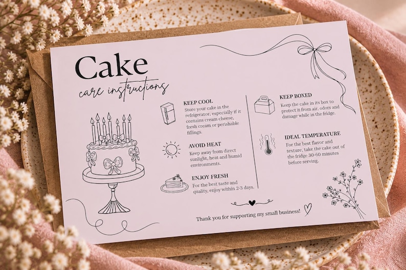 Editable Cake Care Card | Bakery Care Instructions | Canva Template ...