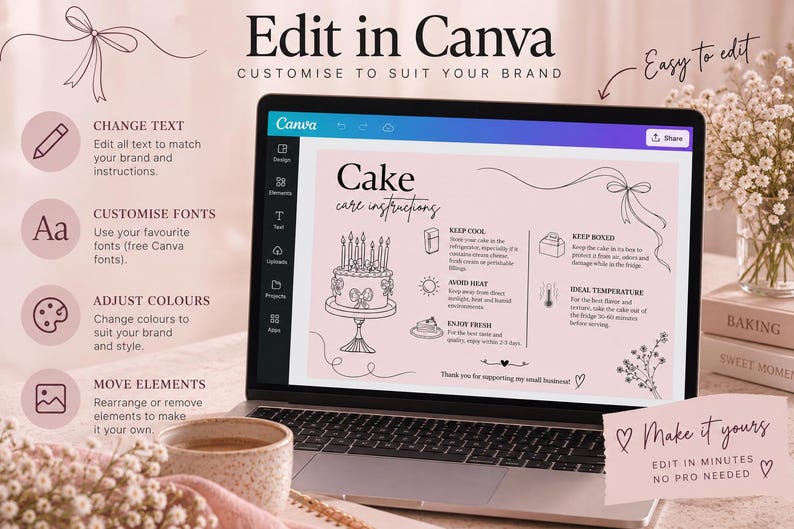 Editable Cake Care Card | Bakery Care Instructions | Canva Template ...
