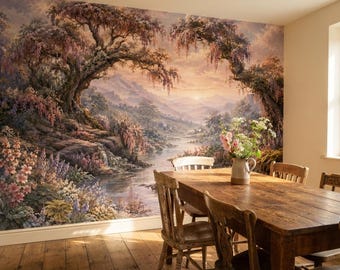 Romantic Wisteria Peel Stick Wallpaper, Enchanting Sunset River Mural, Cottagecore Pastel Landscape Wall Decor