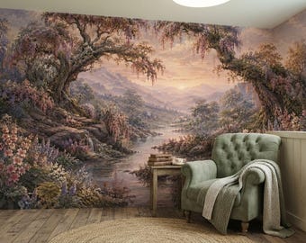 Romantic Wisteria Peel Stick Wallpaper, Enchanting Sunset River Mural, Cottagecore Pastel Landscape Wall Decor