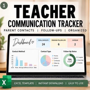 Peut inclure: Un outil numérique de suivi de communication pour enseignant affiché sur un écran d'ordinateur. Le tableau de bord présente les contacts, les suivis et les retards, avec des graphiques et un anneau de statut. Texte incluant Excel Template.