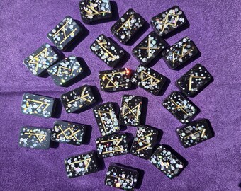 Handmade Black Glitter Elder Futhark Rune Set – 25 Resin Runes with Gold Symbols