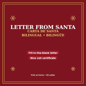 Puede incluir: Un gráfico digital de color rojo intenso con bordes dorados e iconos de copos de nieve. El texto dice: LETTER FROM SANTA, CARTA DE SANTA, BILINGUAL BILINGÜE, Fill-in-the-blank letter, Nice List certificate, Print at home y formato US Letter.