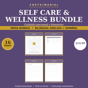 Puede incluir: Un paquete digital de cuidado personal y bienestar en color morado de Freysimariel con 16 páginas de plantillas imprimibles, incluyendo un bingo de autocuidado, un rastreador de hábitos, un diario de gratitud y afirmaciones diarias.