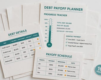 May include: A debt payoff planner set with white pages featuring teal text and accents. The documents include a progress tracker with a thermometer graphic, a debt details table, a monthly payment checklist, and a payoff schedule. A teal sticker indicates 10 pages.