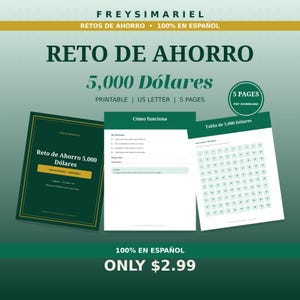May include: A digital savings challenge set titled Reto de Ahorro 5,000 Dólares, featuring a dark green cover page, an instruction sheet, and a tracking grid with 100 numbered squares. The printable PDF set includes 5 pages in US Letter size.